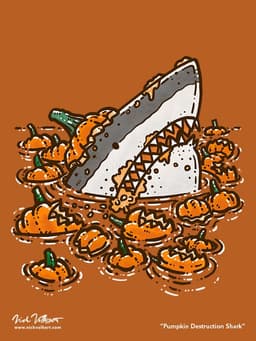 A shark covered in pieces of pumpkins peeks out of the water to assess all the pumpkin destruction!