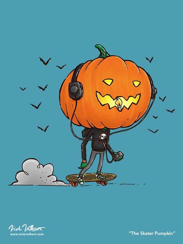 A skater with a jack o'lantern for a head zips by the viewer.