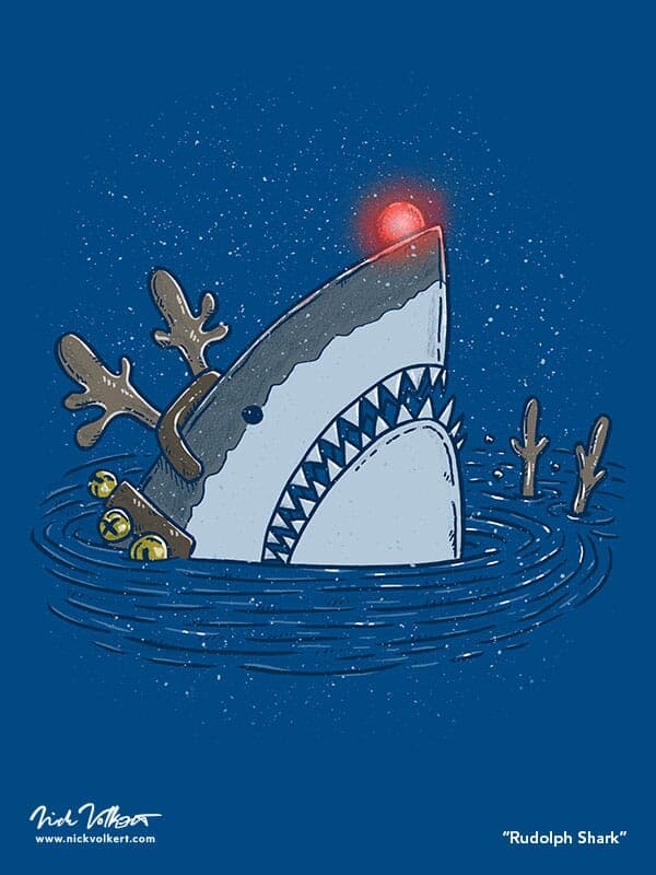 A shark with reindeer antlers and a red nose peeks out of the water during a snowfall.
