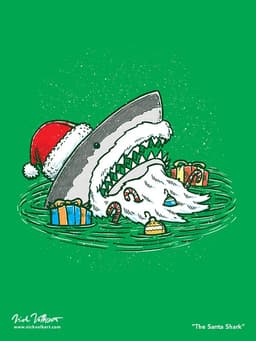 A shark dressed like Santa Claus emerges from the water with presents and candy.