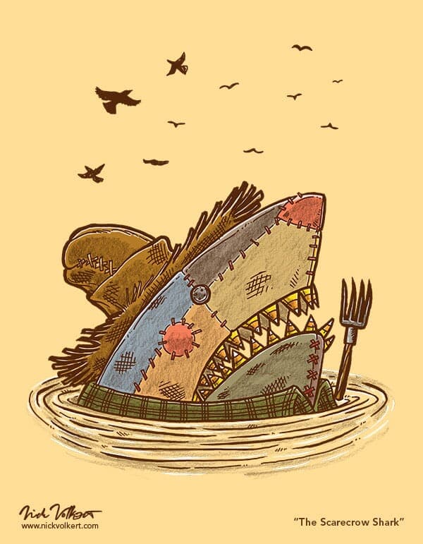 A scarecrow shark pops out of the water to shoo away the crows.