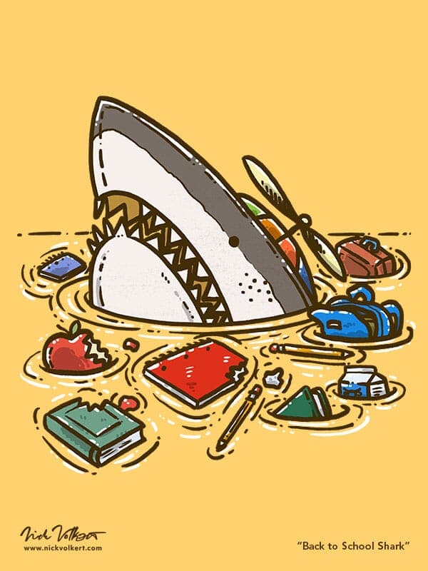 A shark peeks out of the water wearing a spinning helicopter hat with all of his books and school supplies in disarray floating in the water.