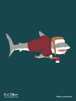 An isolated shark dressed as a lumberjack holding an axe.