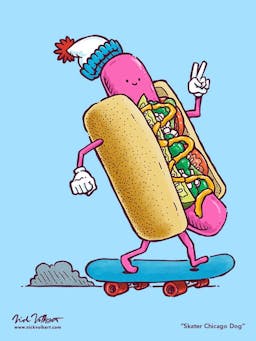 A chicago-style hot dog is riding on a skateboard while wearing a stocking cap and giving a peace sign to the viewer.