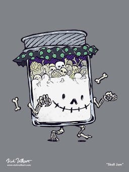 A jar full of bones and skulls trots by for Halloween.