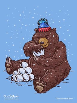 A large bear in a red and blue stocking cap is packing up snowballs for a snowball fight!