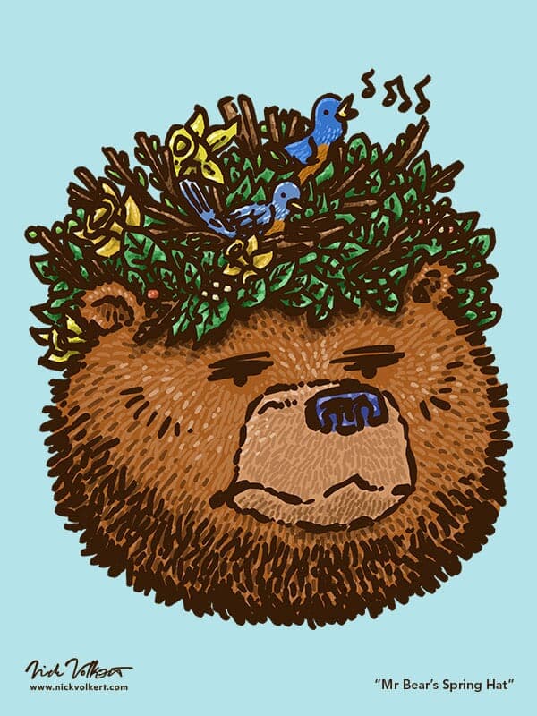 A large grizzly bear appears to be super annoyed to wake up from its hibernation to find a sweet Spring-themed hat on his head built by the local birds.