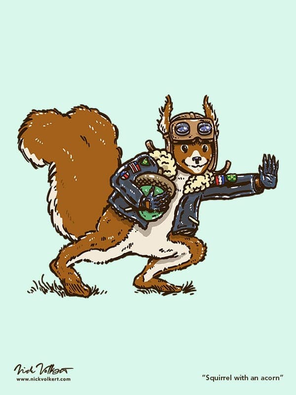 A heroic squirrel in a bomber jacket and leather goggle hat runs with an acorn in tow like it's a football running back!