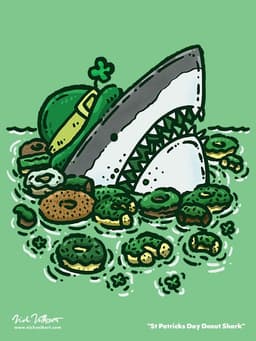A shark all dressed up for St Patricks Day pops out of the water surrounded by a gaggle of St Patricks Day themed donuts!