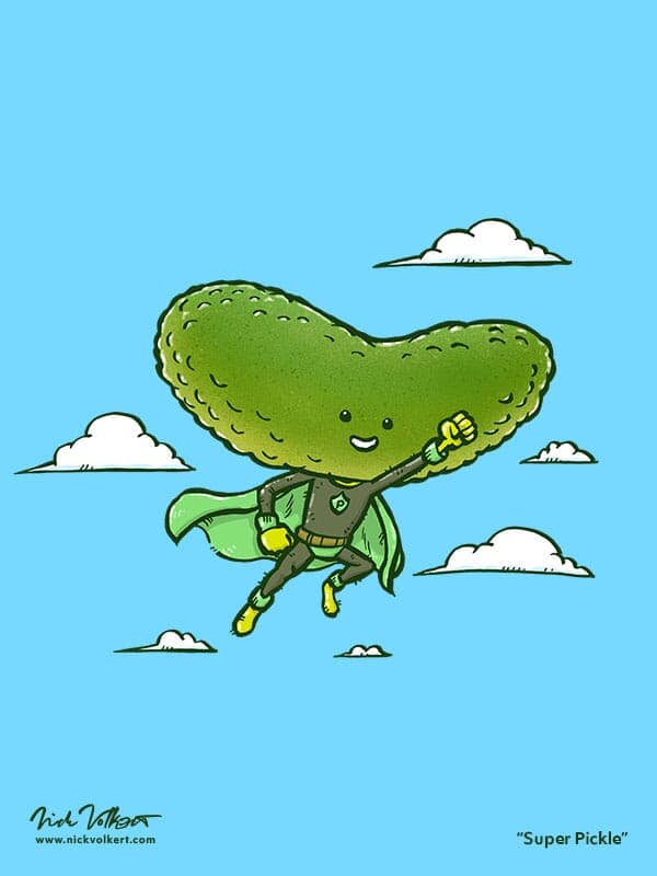 A super hero pickle flies through the sky.