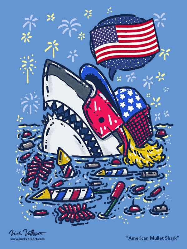 A patriotic shark peeks out of the water, surrounded by unlit fireworks, sporting a blonde mullet and red sunglasses as fireworks go off in the background.