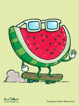 A happy quarter of a watermelon skates by with some white sunglasses.