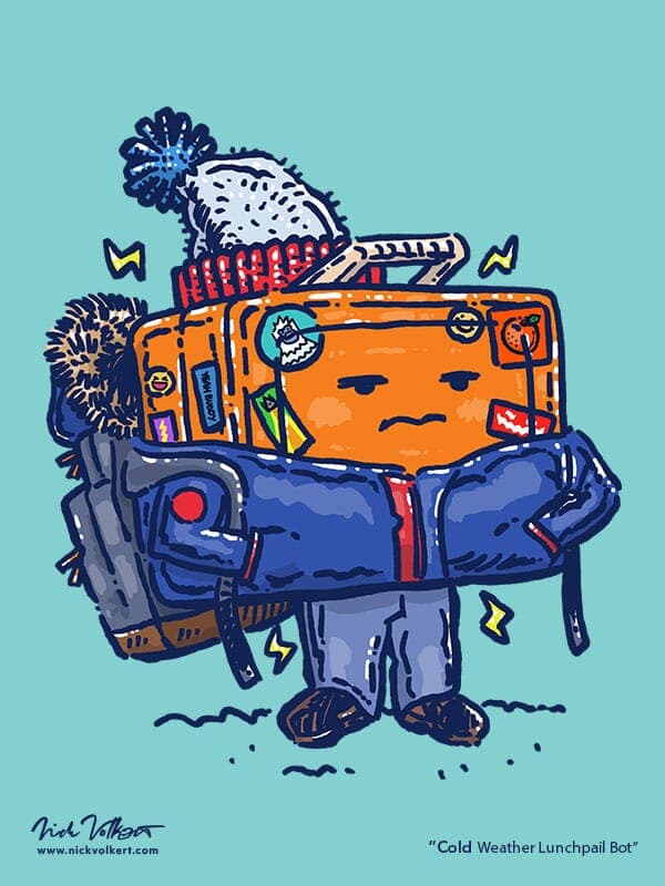 A less than enthusiastic robot lunchpail is bundled up in a winter coat and stocking cap while waiting for the bus in cold weather.