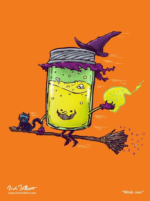 A jar that looks like a witch flies by with her cat on her broom.