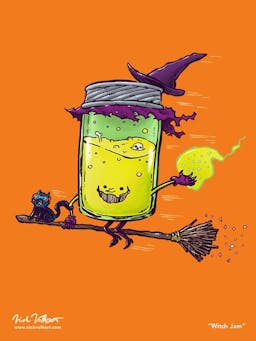 A jar that looks like a witch flies by with her cat on her broom.
