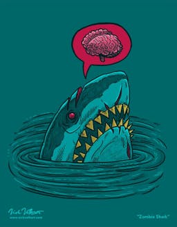 A shark pops out of the water that is a zombie.