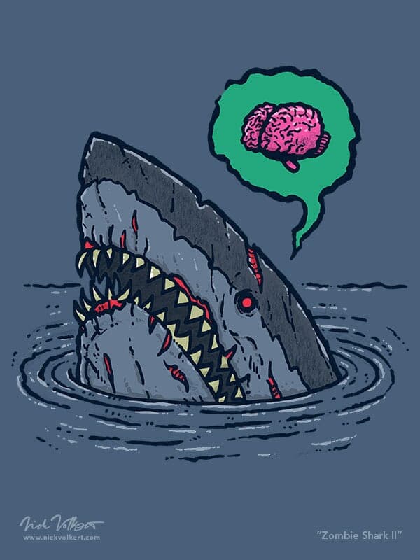 A shark peaks out of the water in bad shape looking horrifying and looking for brains.