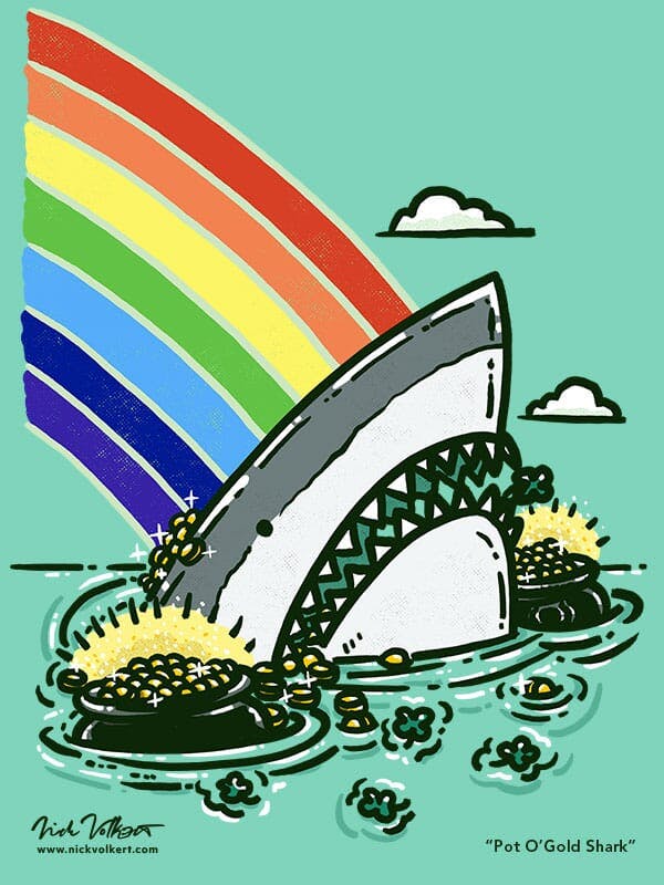 A shark peeks out of the water beside a pot of gold for St Patrick's Day.