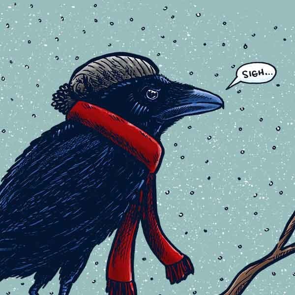 A crow perched on a brance, wearing a stocking cap and scarf, really annoyed by the snow.