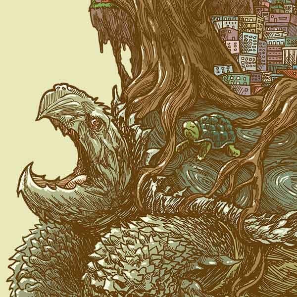 A very large snapping turtle carries a forest city on its back through the water.