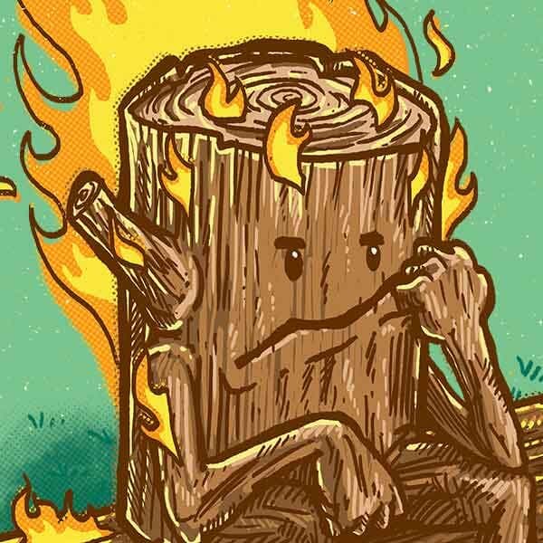 A log resting on a log covered in flames, clearly not having a good day.