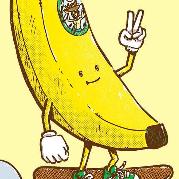 A cool banana skates on a skateboard while showing a peace gesture.