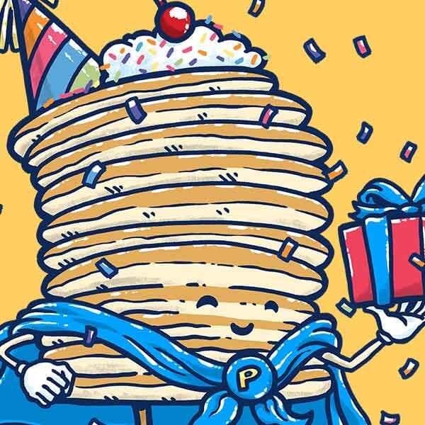 Captain Pancake is celebrating your birthday while holding a present and surrounded by confetti falling down.