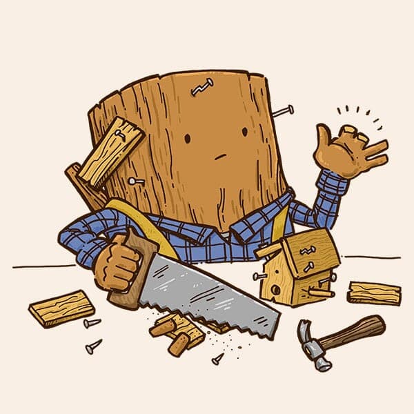 A log that's really bad at carpentry has a little mishap with his hand saw while building a birdhouse.
