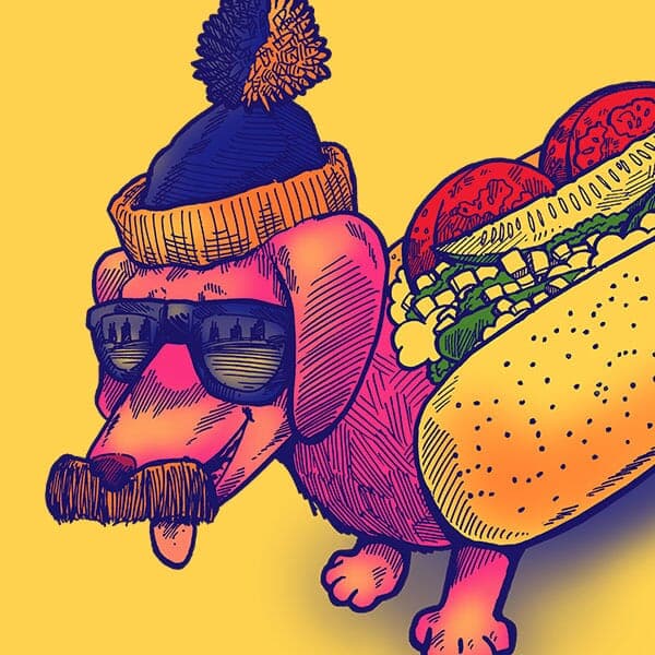 A wiener dog with cool Blues Brothers sunglasses, a chicago themed stocking cap, a mustache, and a suit that looks like a chicago-style hot dog.