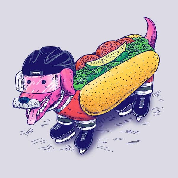 A wiener dog with hockey gear on that is in Chicago colors, with a gray mustache and also a bun with chicago-style hot dog toppings.