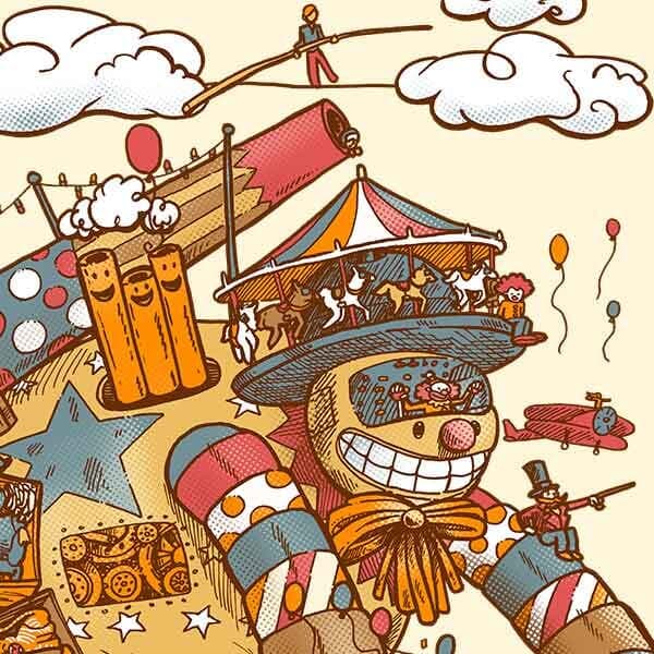 A large robot surrounded by circus performers, clouds, balloons, animals, and clowns