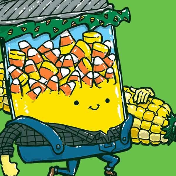 A jar full of candy corn trots by while carrying a large ear of actual corn, while wearing bib overalls and a straw hat!