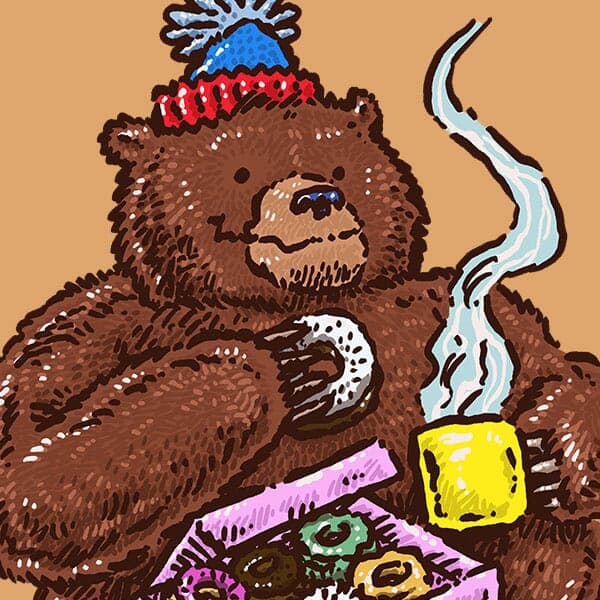 A burly bear in a pom-pom stocking cap enjoys a baker's dozen of donuts and a hot coffee!