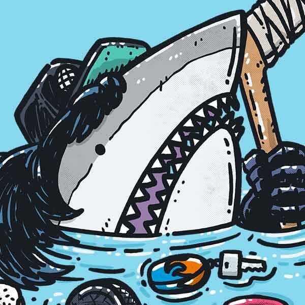 A shark peeks out of the water with a black trucker hat over a mullet, hockey stick and rope licorice.