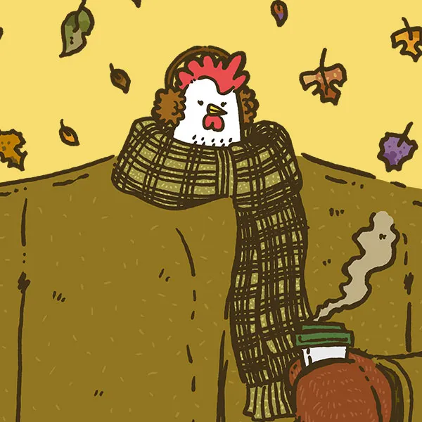 A gigantic body with a small chicken head is still in a coat and scarf with a hot coffee and enjoying the Fall season.
