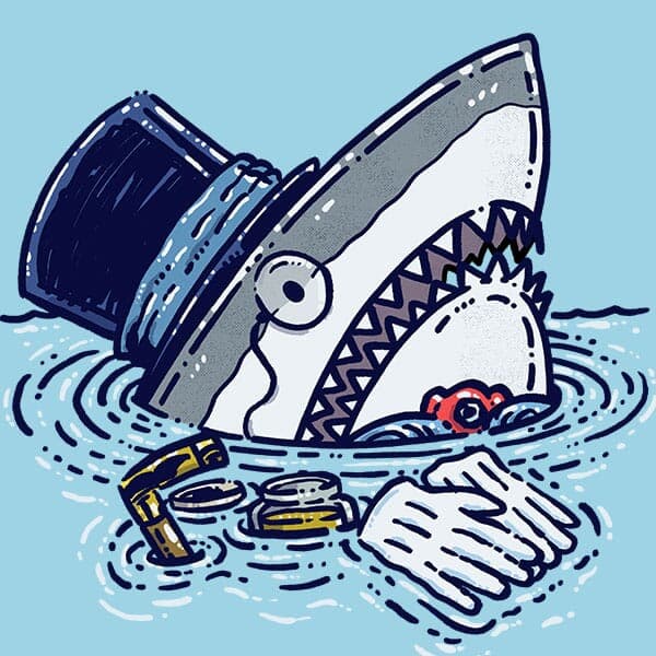 A shark dressed in its fanciest attire with white gloves, a top hat and ascot pops out of the water to check out the ocean scene.
