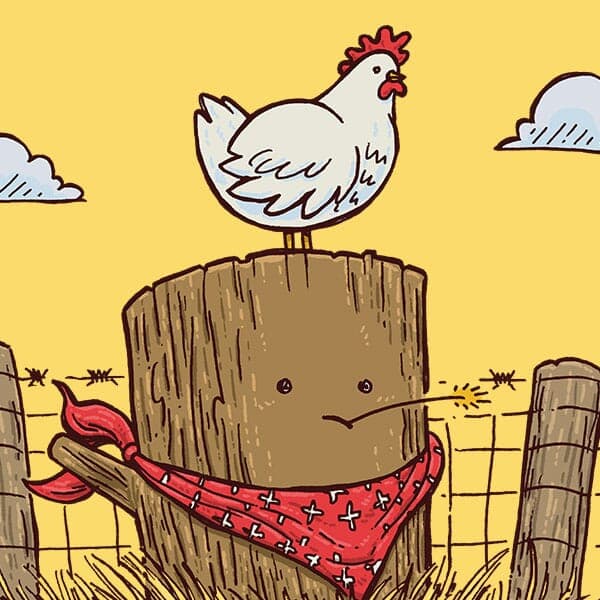 A log basks in the sun with donning a bandanna and a small chicken roots on its head.