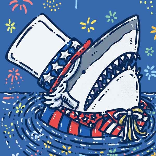 A great white shark emerges from the water with a full red, white and blue outfit detail as independence day fireworks light up the night's sky!