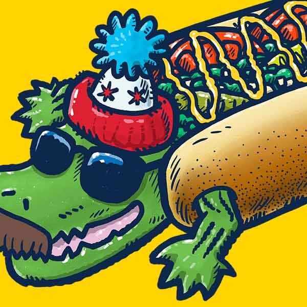 A gator wearing a chicago-style hot dog costume with sunglasses and a mustache.