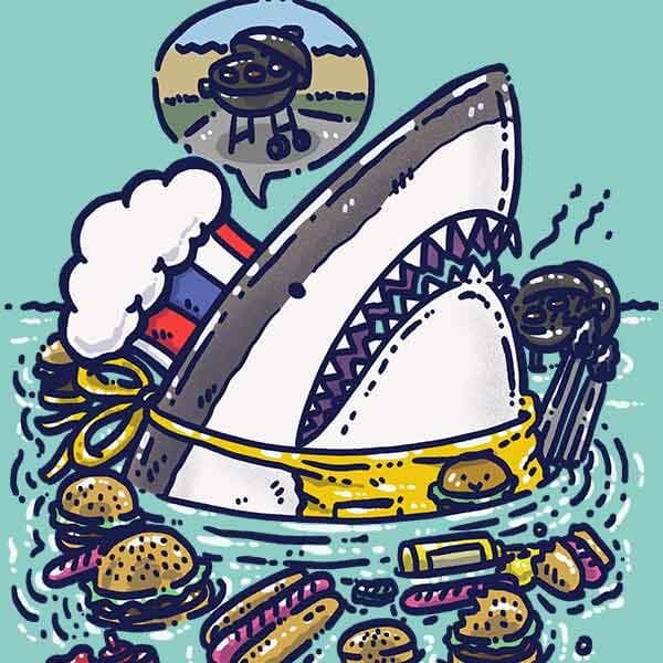 A patriotic shark emerges from the water with hot dogs, burgers and condiments and is working the grill with his apron and tongs.
