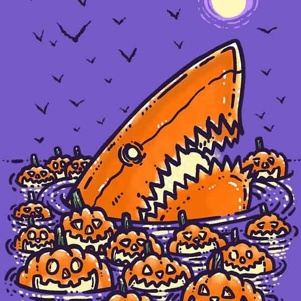 A sharks that has become a jack o'lantern peeks out of the water surrounded by a small group of pumpkins with jack o'lantern faces carved in them and lit up!