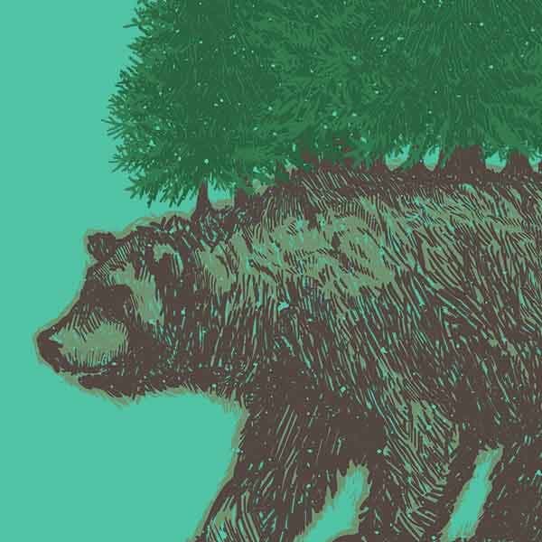 A grizzly bear with a pine foreset on its back walking.