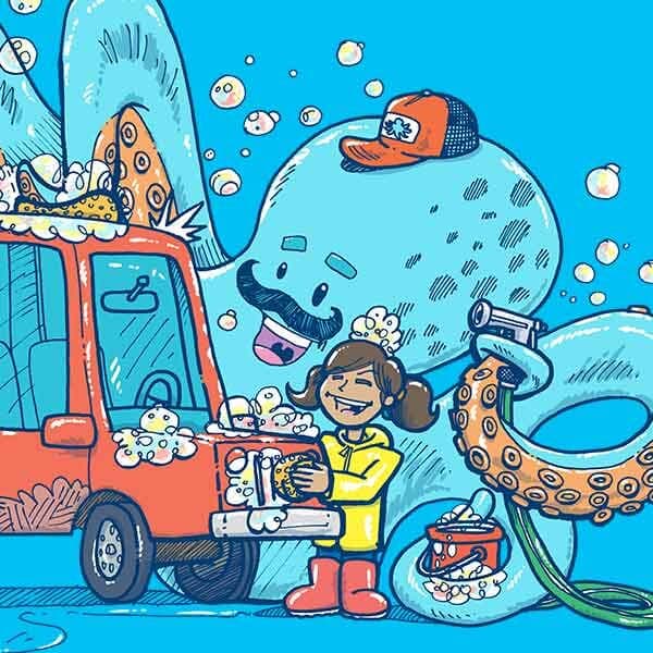 A friendly octopus with a mustache helps some young kids in rain coats wash a red car