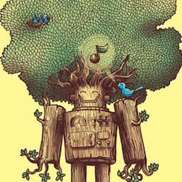 A fully blooming tree that had a former life as a robot has a bird and hatchlings living in his branches.