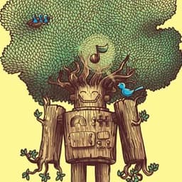 A fully blooming tree that had a former life as a robot has a bird and hatchlings living in his branches.