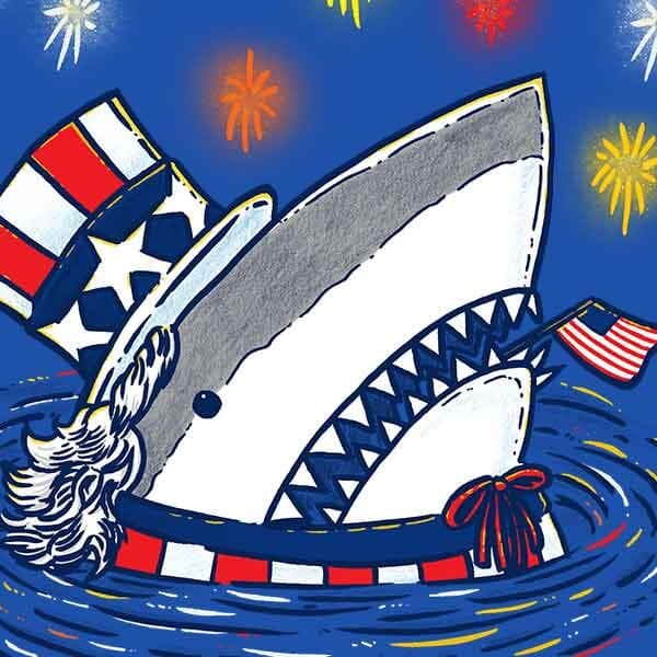 A shark pops out of the water dressed as Uncle Sam, with fireworks going off in the background.