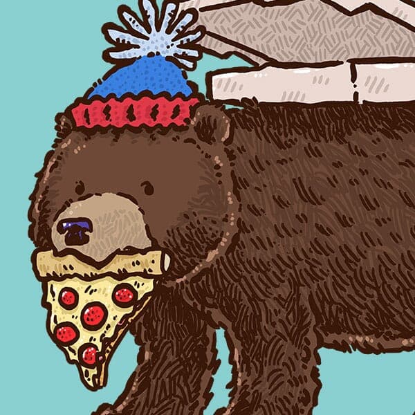 A large grizzly bear sneakily sneaks off with a large pizza and a slice in its mouth.