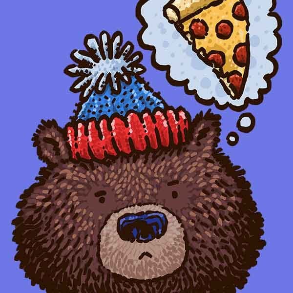 A full faced grizzly bear wears a stocking cap with a pompom and dreams of a slice of pizza.