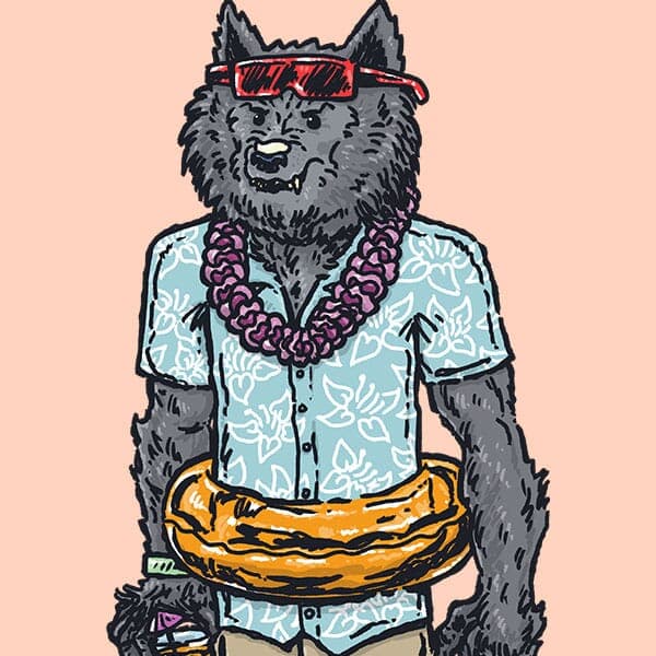 A werewolf chills at a pool party looking either slightly annoyed or trying his best to not go full werewolf attack on everyone.