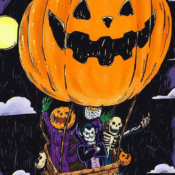 A spooky group of Halloween characters hicthing a ride at night in a hot air balloon with a pumpkin print.